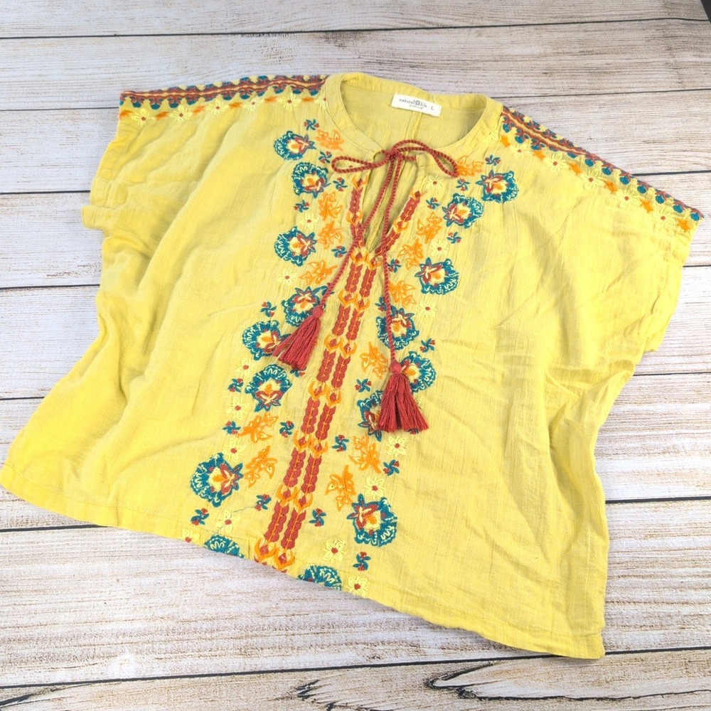 Natural Life Yellow Embroidered Boho Peasant Top Tassel Tie Cap Sleeve Large